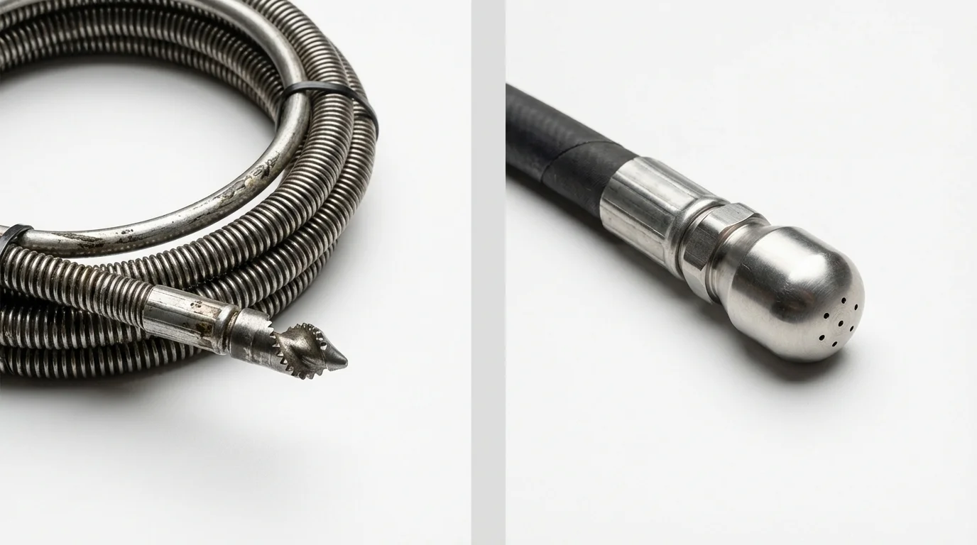 Drain snake cable and hydro jetting nozzle used for drain cleaning in Bellingham, MA