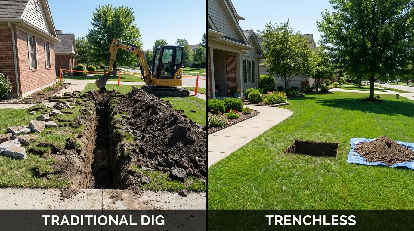 Trenchless sewer repair with minimal yard damage versus traditional excavation in Bellingham, MA