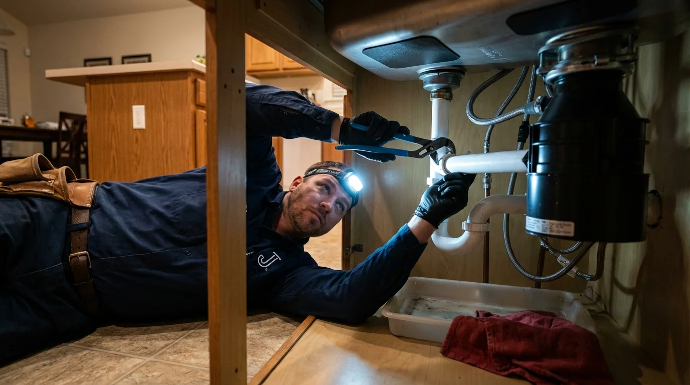 P-trap and supply line connections under a kitchen sink showing a common leak point in Bellingham, MA
